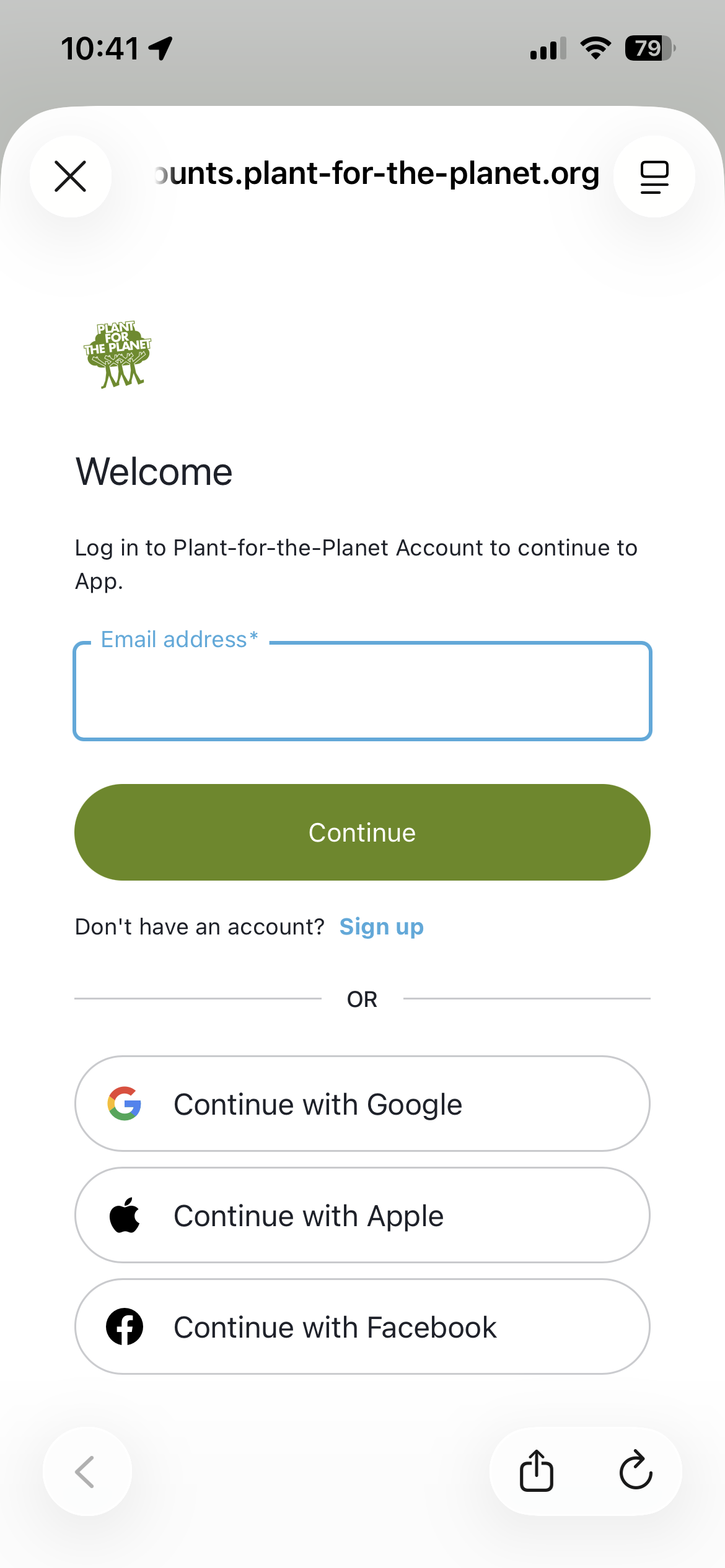 Login page screen